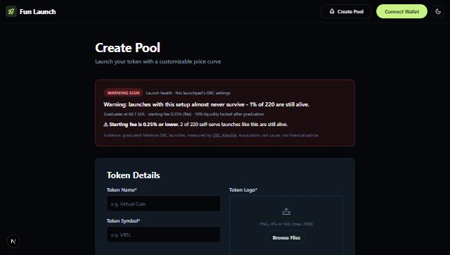 Meteora fun-launch create page showing a red 'Warning sign' launch health badge: launches with this setup almost never survive